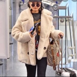 Free People Double Breasted Teddy Sherpa Peacoat, Cream, size M🤍